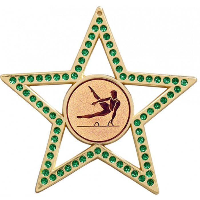 GREEN STAR MALE GYMNASTICS MEDAL - 75MM - GOLD, SILVER OR BRONZE